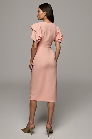 Sheath Orange Flutter Sleeve Midi Work Dress